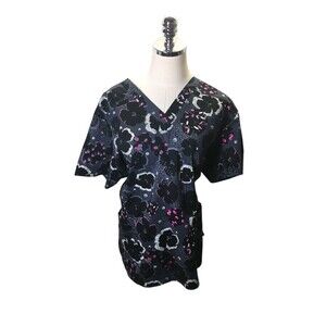 Wonder Flex Top Women's Size 2X Gray Pink Floral Short Sleeve V-Neck Scrubs